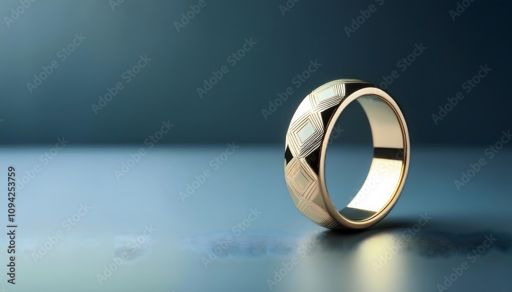 Gold ring with geometric patterns, minimalist aesthetic, 3D illustration, ring jewelry, trendy, aesthetic.