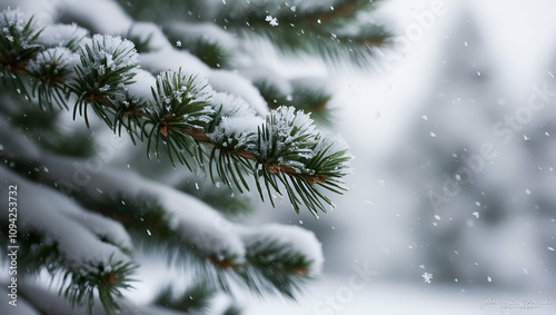 Close-up of a snow-covered pine branch with delicate snowflakes clinging to the needles