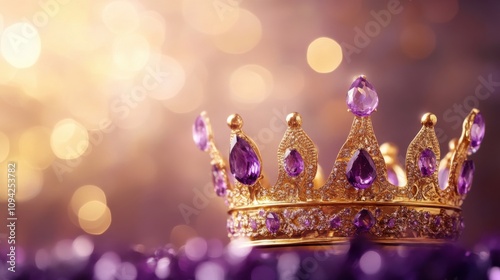 Golden Crown with Amethyst Stones on a Dreamy Background A background