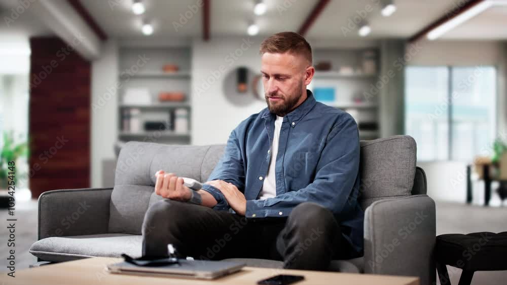 Young Man Sitting On Sofa Checking His Blood Pressure Young Man Sitting On Sofa Checking His Blood Pressure
