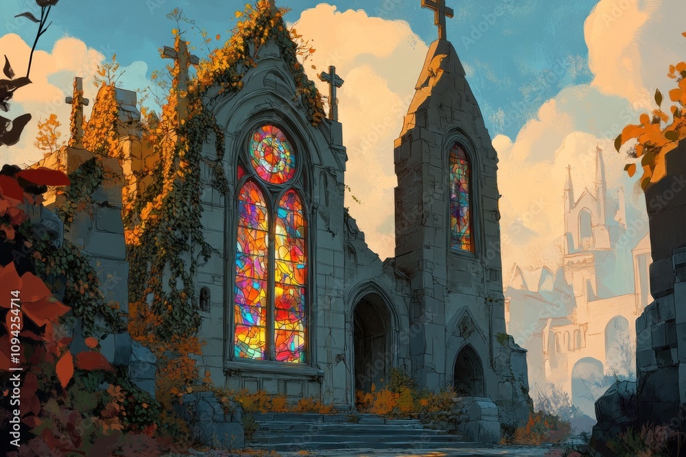 A ruined church with stained glass windows, surrounded by nature and autumn foliage. A ruined church with stained glass windows, surrounded by nature and autumn foliage.