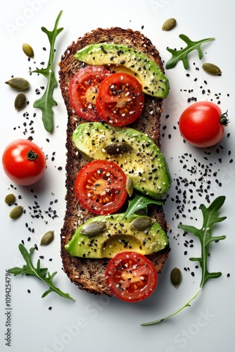 Delicious avocado toast topped with fresh tomatoes and seeds, perfect for a healthy meal. photo