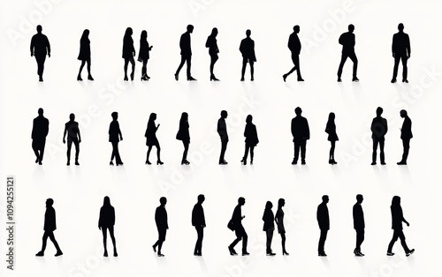 Minimalist Black and White Vector Illustration of Human Silhouettes in Various Poses