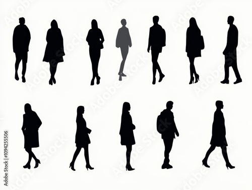 Minimalist Vector Silhouettes of People in Various Poses on White Background
