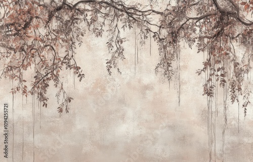 abstract nature mural branches leaves wallpaper beige watercolor effect