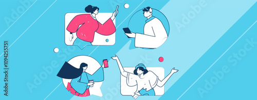 Virtual characters social communication concept business flat vector hand drawn illustration
