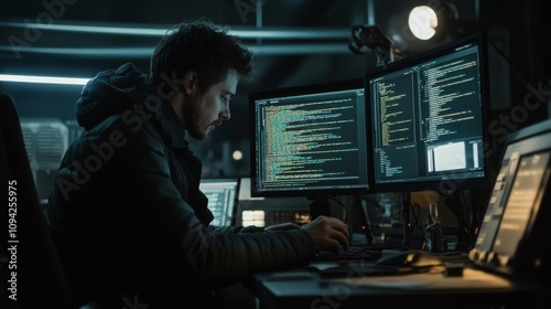 Wallpaper Mural Tech professional analyzing code modern office digital workspace nighttime side view cybersecurity focus Torontodigital.ca
