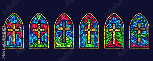 Church glass windows set. Gothic cathedral color stained frames. Catholic vector vintage architecture religion mosaic elements isolated on white background.