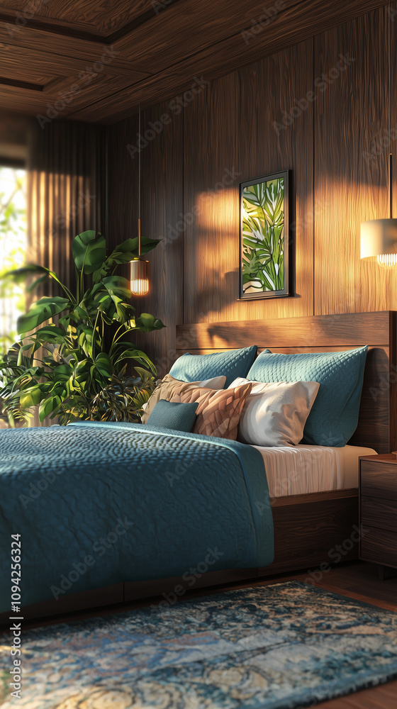 Cozy bedroom with teal bedding, wooden walls, and lush greenery. Cozy bedroom with teal bedding, wooden walls, and lush greenery.