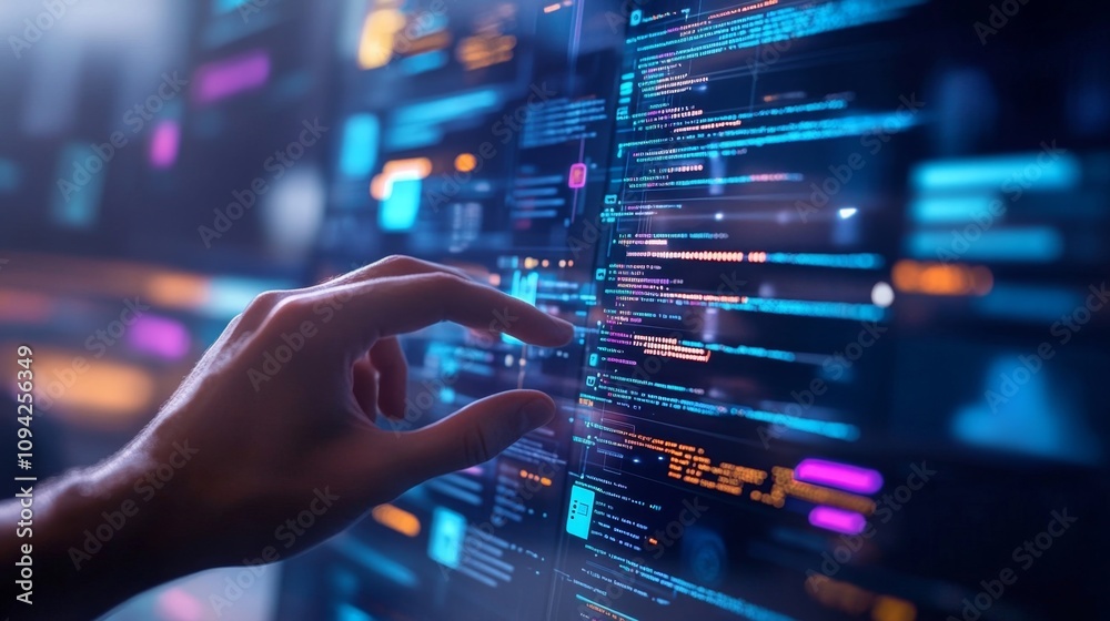 Coding innovation digital workspace technology visualization futuristic environment close-up perspective data interaction Coding innovation digital workspace technology visualization futuristic environment close-up perspective data interaction