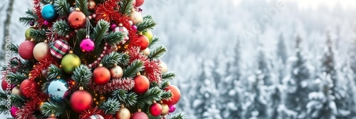 A vibrant Christmas tree adorned with an assortment of colorful baubles and shiny tinsel, set against a snowy forest backdrop, christmas tree, pattern