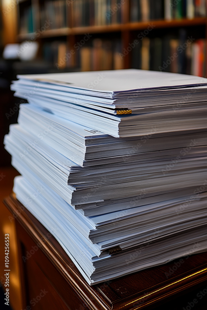 A large stack of white sheets rests on a wooden table in a serene library, surrounded by shelves filled with books under soft afternoon light A large stack of white sheets rests on a wooden table in a serene library, surrounded by shelves filled with books under soft afternoon light