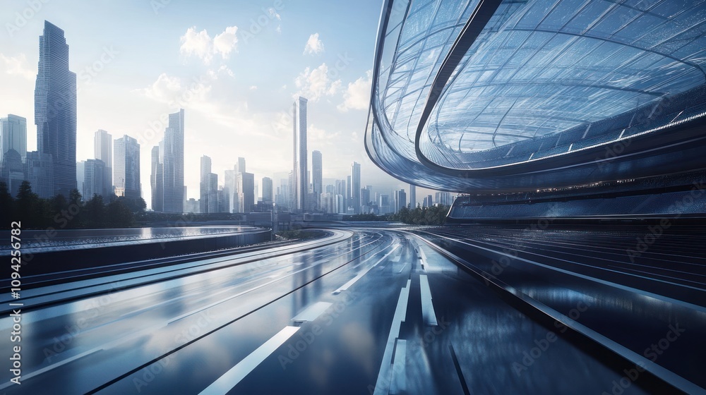Fototapeta premium Futuristic urban landscape with sleek architecture and reflective surfaces.