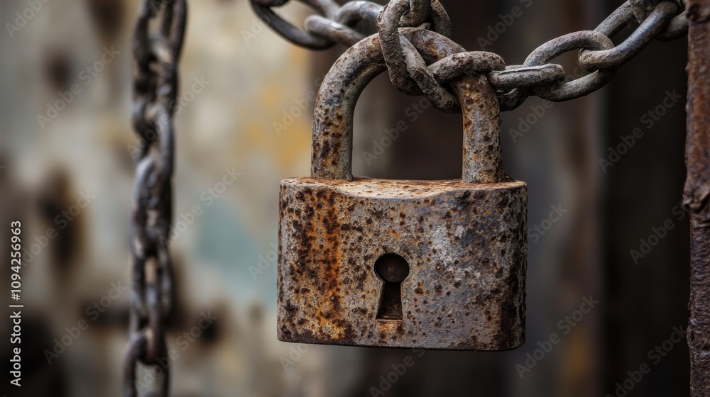 A rusted padlock hanging on an old fence, Symbolizing incarceration and the loss of freedom, minimalistic composition A rusted padlock hanging on an old fence, Symbolizing incarceration and the loss of freedom, minimalistic composition