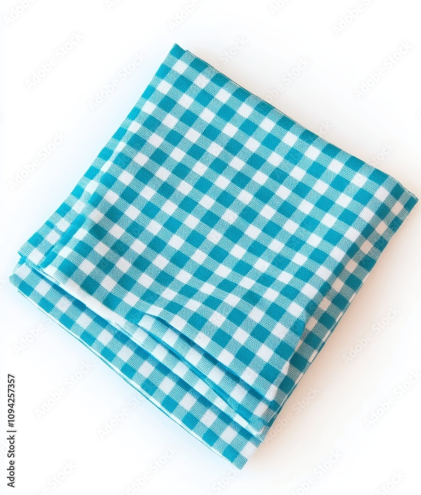 Blue Gingham Checkered Napkins Folded on White Background for Kitchen Picnic Table Setting
