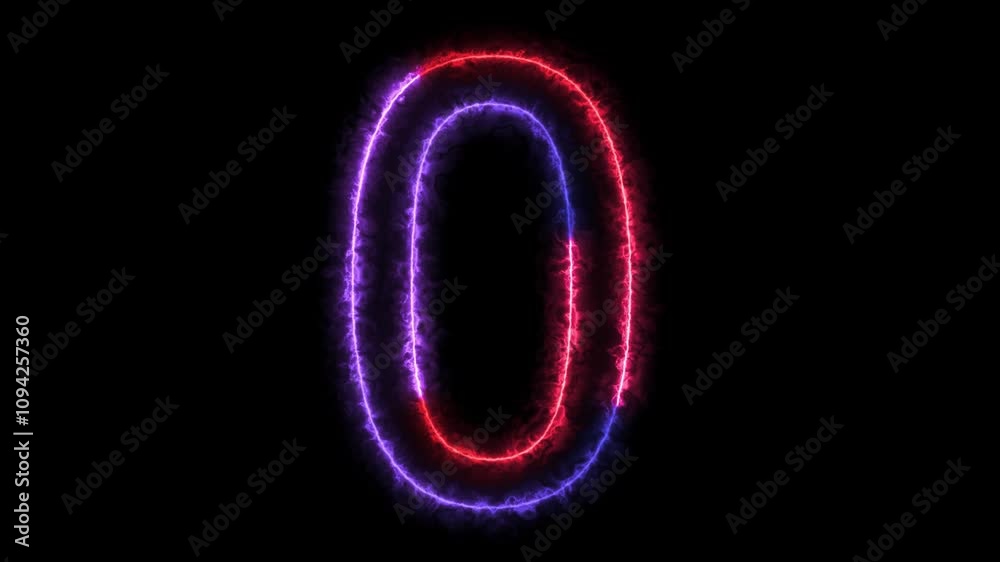 Animation of number 0 with red blue neon colors on the outline and isolated on black background. Number zero