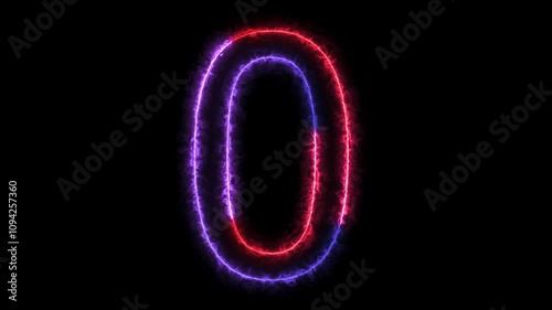 Animation of number 0 with red blue neon colors on the outline and isolated on black background. Number zero