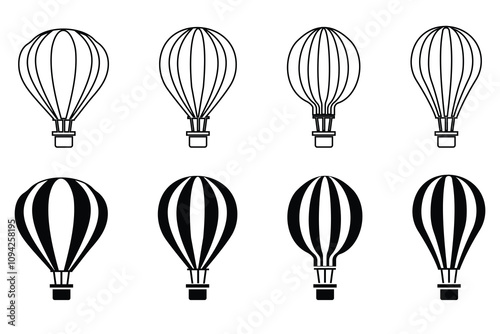 Parachute icon, vector set. Hot air balloon icon, silhouette design. Symbol of parachute, balloon, airdrop box, transport. Line icon of parachute, hot air balloon. Vector illustration.