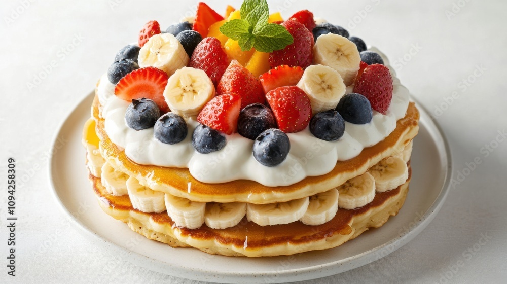 Pancake Stack with Fresh Fruit and Yogurt Drizzle A stack background Pancake Stack with Fresh Fruit and Yogurt Drizzle A stack background