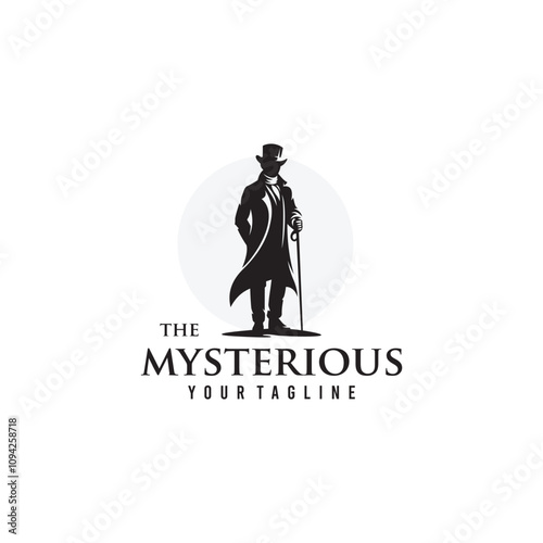 Mysterious Man Character Logo Design in Top Hat with Walking Stick vector illustration design