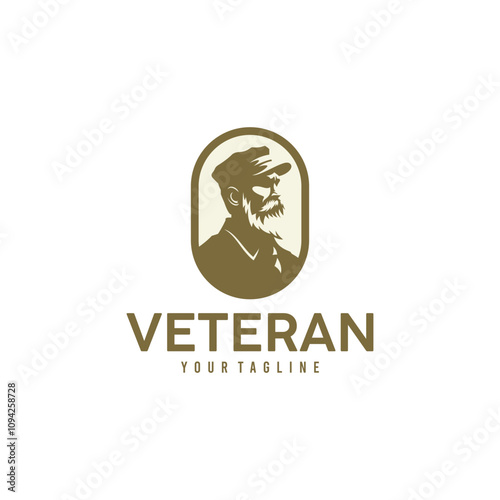 Classic Vintage Mustache old Man with Officer Uniform Hat for World War Army General Commander Military Black White Portrait Silhouette illustration logo design