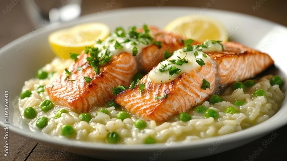 Omega-3 Rich Salmon and Sweet Pea Risotto for Healthy Dinner Omega-3 Rich Salmon and Sweet Pea Risotto for Healthy Dinner