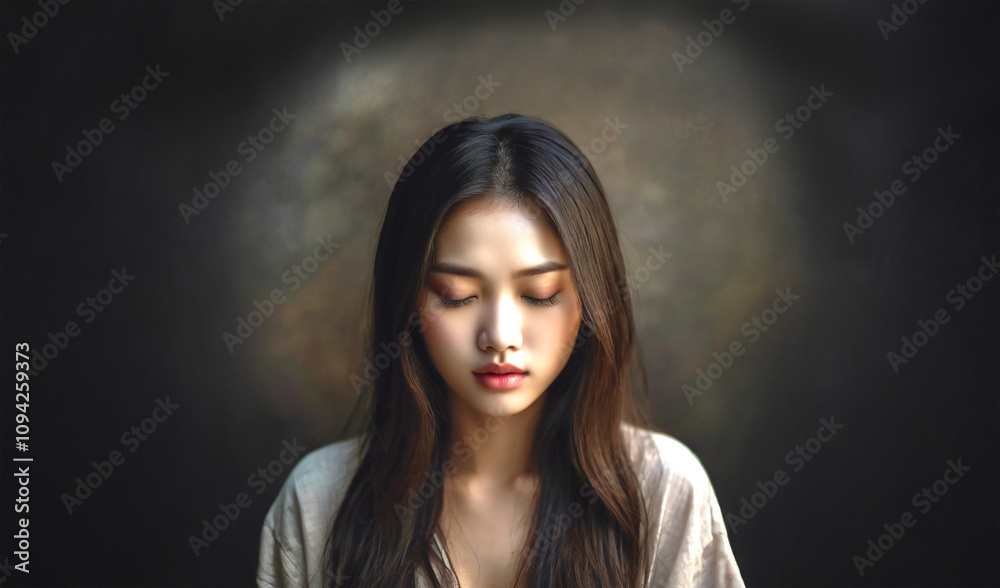 目を閉じて深く瞑想する若い女性 目を閉じて深く瞑想する若い女性