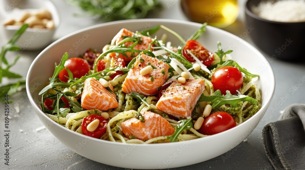 Omega-3 Rich Salmon and Arugula Pesto Pasta for Healthy Lunch Omega-3 Rich Salmon and Arugula Pesto Pasta for Healthy Lunch