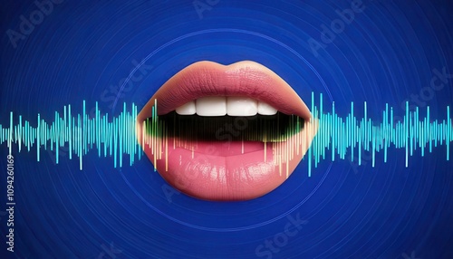 A vibrant graphic of lips producing sound waves against a blue background, symbolizing communication, speech, and audio technology.