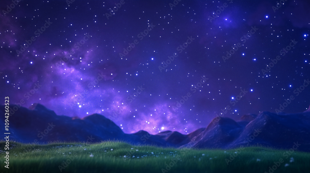 Fototapeta premium A breathtaking scene of a lush, green meadow bathed in the ethereal glow of a starry night sky. 