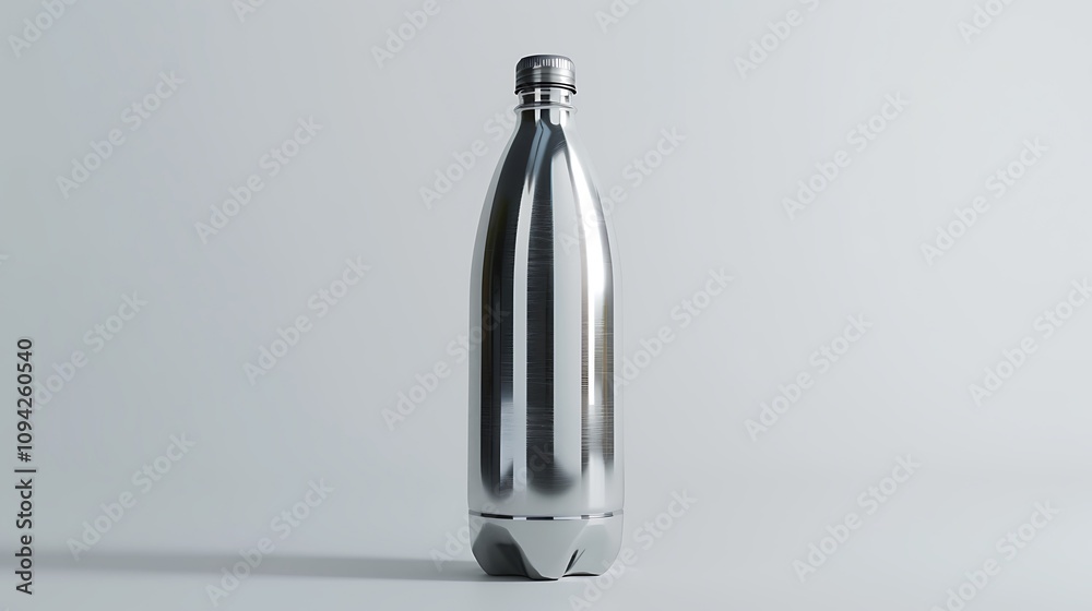 A shiny silver water bottle with a screw cap, standing on a white background. A shiny silver water bottle with a screw cap, standing on a white background.