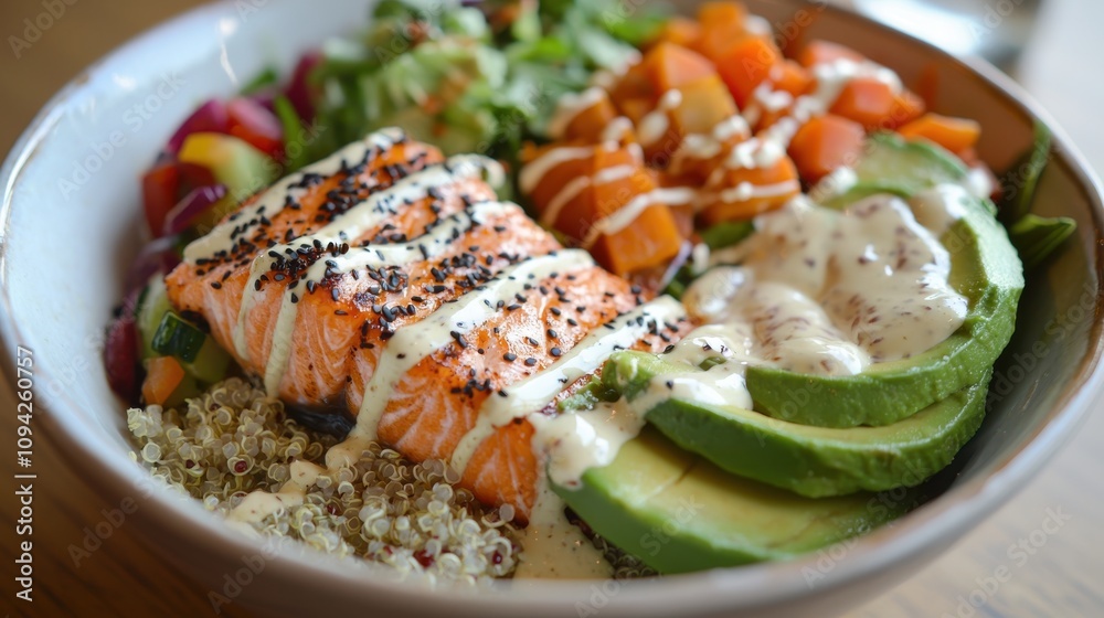 Omega-3 Rich Salmon and Avocado Buddha Bowl for Healthy Lunch Omega-3 Rich Salmon and Avocado Buddha Bowl for Healthy Lunch