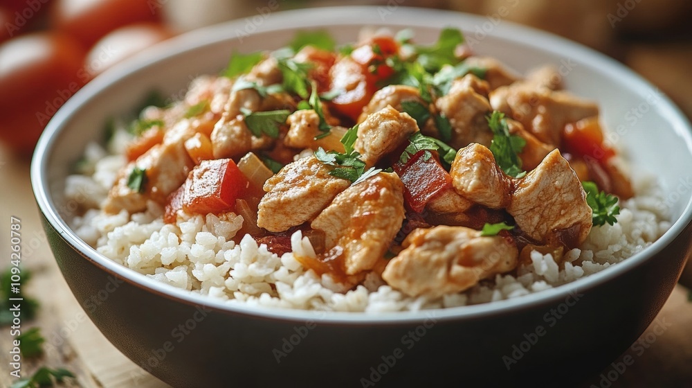 Delicious chicken and tomato stew served on a bed of rice garnished with parsley Delicious chicken and tomato stew served on a bed of rice garnished with parsley