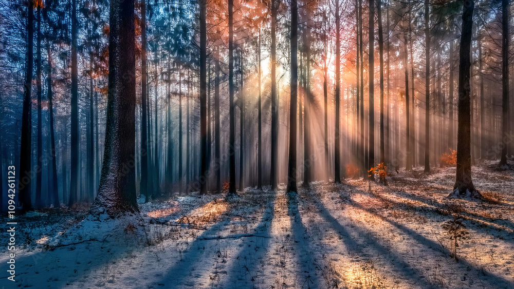 Fototapeta premium Winter Wonderland - Winter Wald . Morgenglühen - Morgendämmerung - Morgenröte - Winterwunderlan