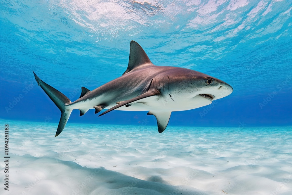 Fototapeta premium A Playful Hammerhead Shark Swimming in a Vivid White Expanse