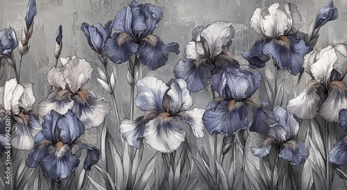 Intricate Field of Irises Flowers with Detailed Line Work and Textured Background Watercolor Art photo