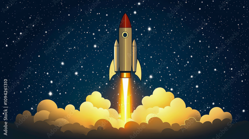A shiny rocket takes off from the ground, igniting its engines and ascending through fluffy clouds and a backdrop of twinkling stars