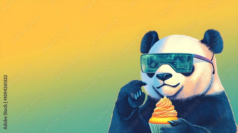 Fototapeta premium Panda with VR Glasses Eating Cupcake