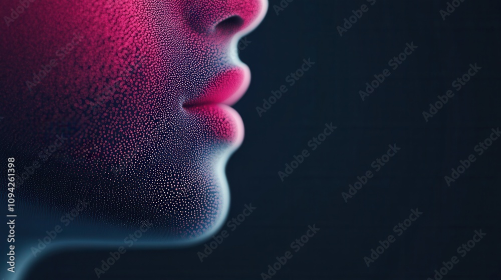 A close-up profile of a human face with a textured skin effect, highlighted by pink and blue colors against a dark background. A close-up profile of a human face with a textured skin effect, highlighted by pink and blue colors against a dark background.