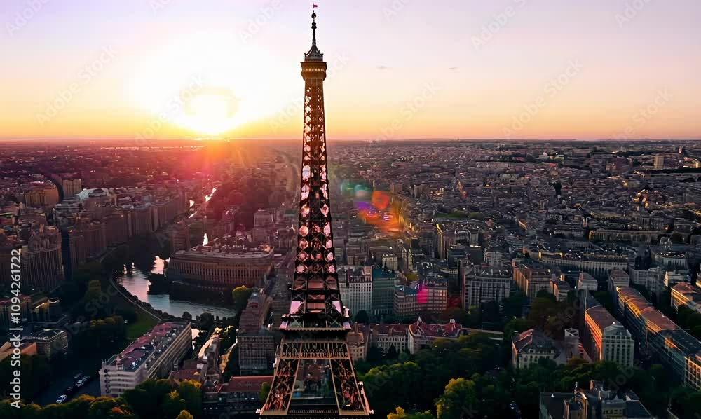 eiffel tower aerial view with magical sunset glow