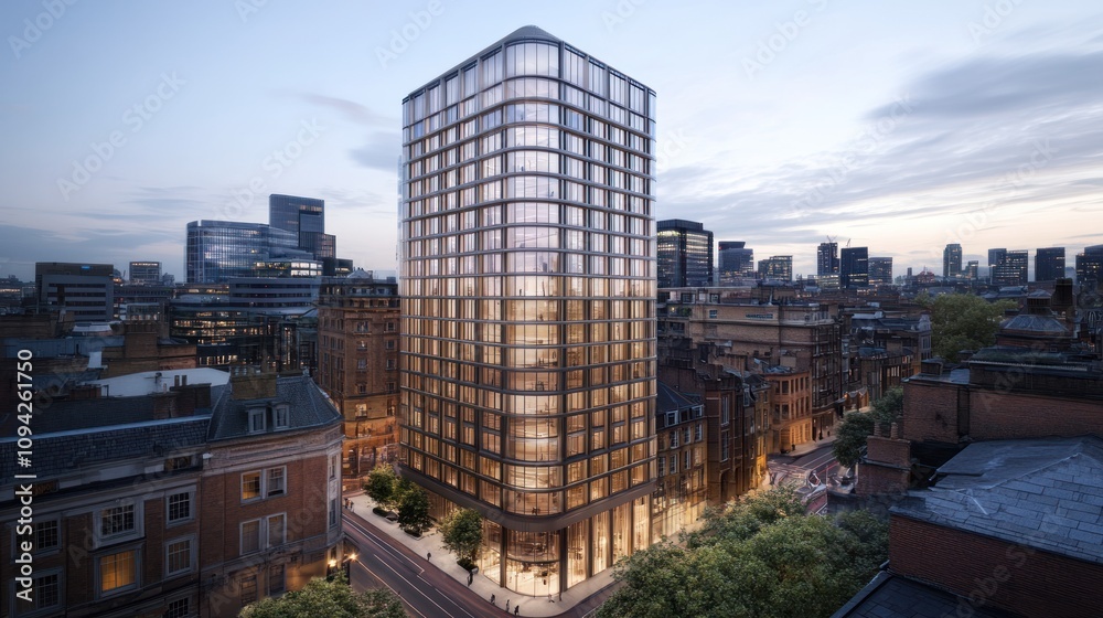 Fototapeta premium Modern high-rise building in an urban setting at dusk, showcasing sleek architecture.