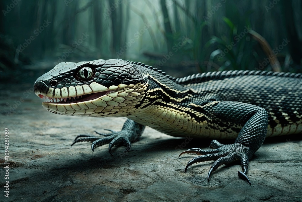 Stealthy Reptilian Disguise: An Eerie Depiction of a Snake in Lizard's Skin Stealthy Reptilian Disguise: An Eerie Depiction of a Snake in Lizard's Skin
