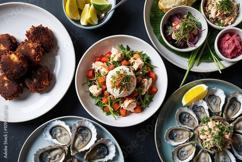 Vibrant Seafood Plates Featuring Octopus Fritters, Crab Salad, Oysters, and Tuna Tartare photo