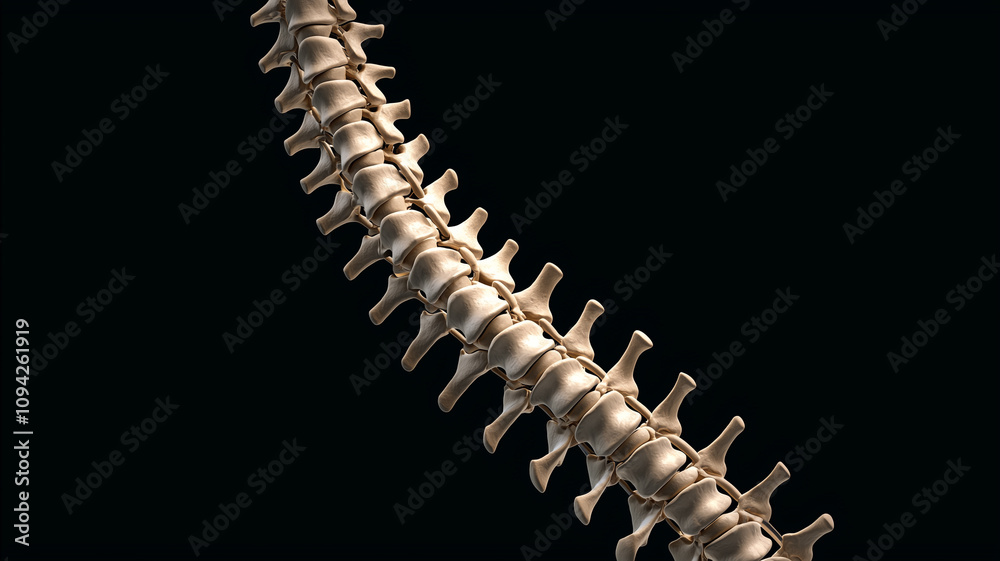 detailed 3D rendering of human spine showcasing skeletal anatomy against dark background. image highlights vertebrae structure and curvature, emphasizing anatomical precision detailed 3D rendering of human spine showcasing skeletal anatomy against dark background. image highlights vertebrae structure and curvature, emphasizing anatomical precision