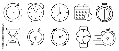 Time, date, and location icons, vector design. Time, date and location icons with editable stroke isolated on white background. Time, date, and location icons design for logo, app, website.