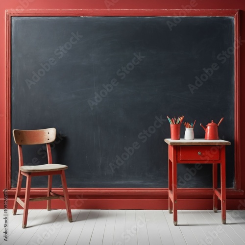 an old fashioned, white chalk board with red outline with an old chair and a table besides.