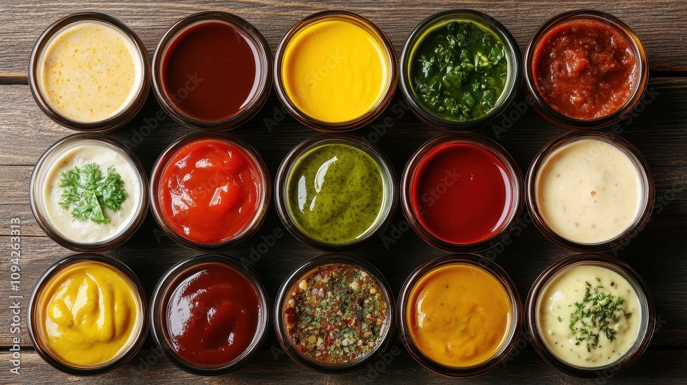 Assortment of various sauces in jars. Perfect for food blogs, restaurant menus, or cooking websites. Assortment of various sauces in jars. Perfect for food blogs, restaurant menus, or cooking websites.