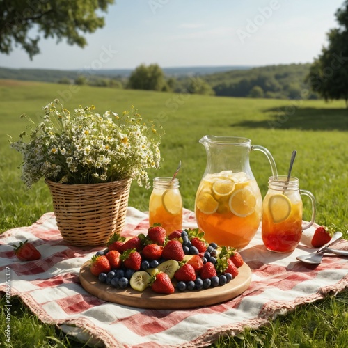 Sunny picnic: fruits, lemonade on a blanket, wildflowers, and a wicker basket.