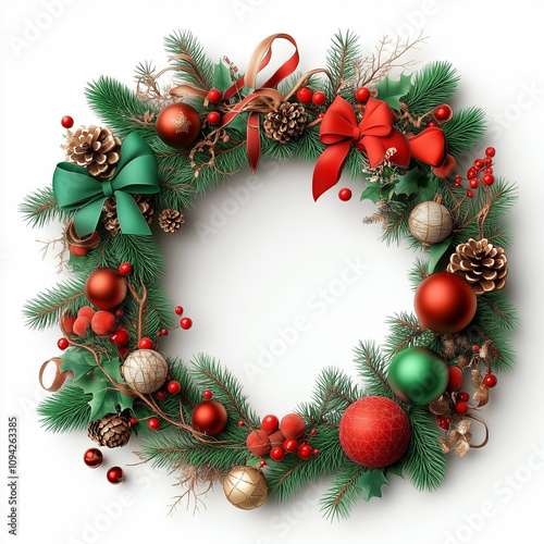 Christmas wreath with fir tree branches, rosehip berries, pine cones, ornaments, on white background, top view, copy space