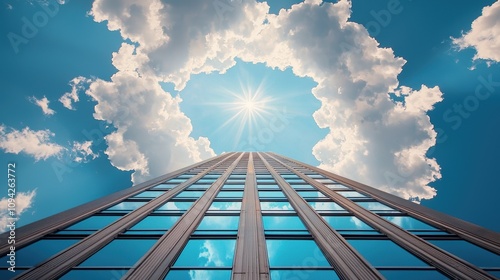 Sun rays bursting through a gap in the clouds, illuminating a single window in a skyscraper, creating a dramatic contrast of light and shadow. photo